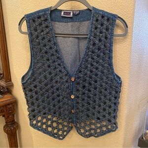 Vintage AJ Women Blue Boho Denim Woven Crochet Wooden Button Vest Size Medium
